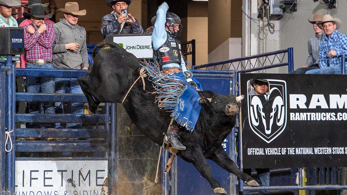 Tristan Hutchings, a bull rider from Idaho, won the Colorado team representing the Greeley Stampede in Colorado vs. the World at the National Western Stock Show opening Saturday.  Hutchings scored 87 points on Cervi Brothers Rodeo's Skin Walker.  NWSS photo by Ric Andersen.
