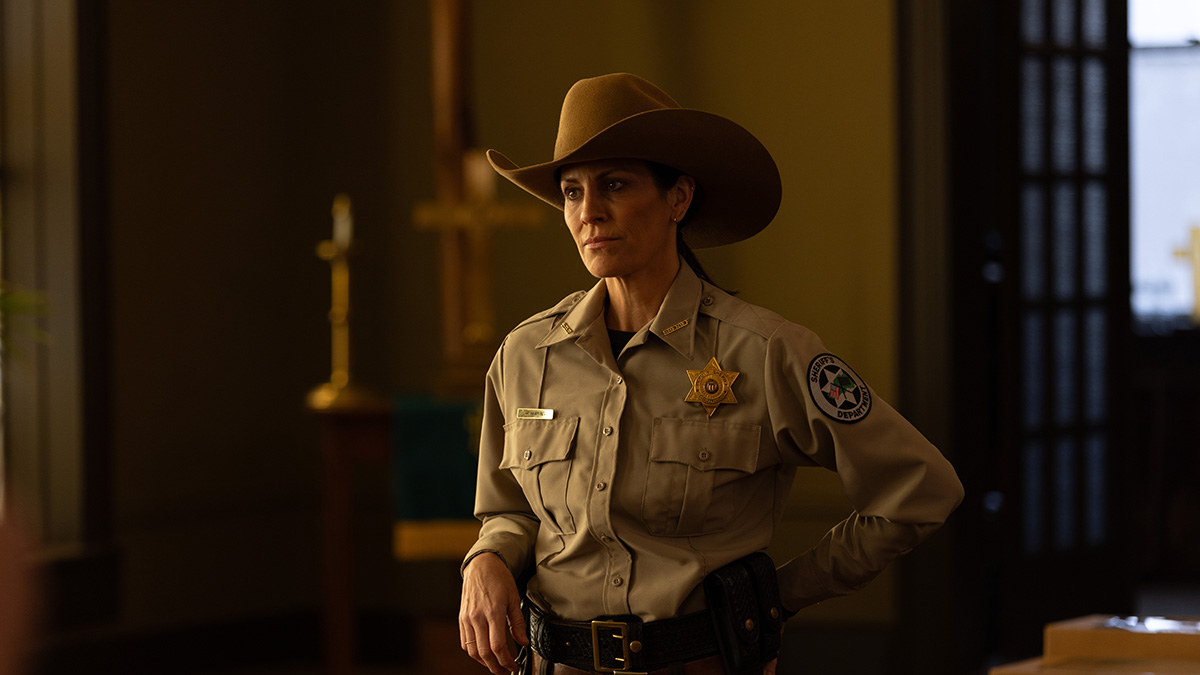 In RIDE, Annabeth Gish plays Monica, sheriff of Stephenville. Her husband is a former police officer.