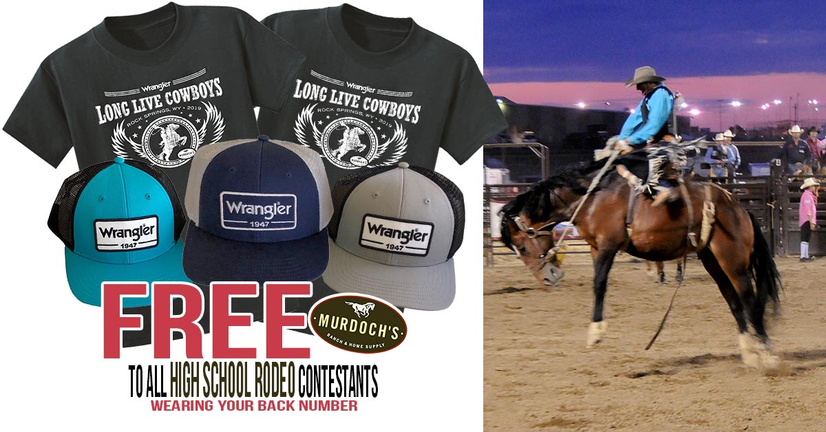 NHSFR Rodeo Contestants Get Free Shirts, Hats & Bucket Sale at Murdoch’s Rock Springs!