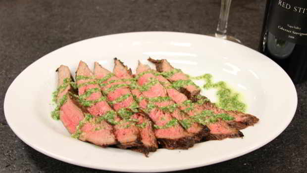 Rich Aurilia's Recipe for Marinated Flank Steak Topped with Salsa Verde served with Red Stitch Wine.