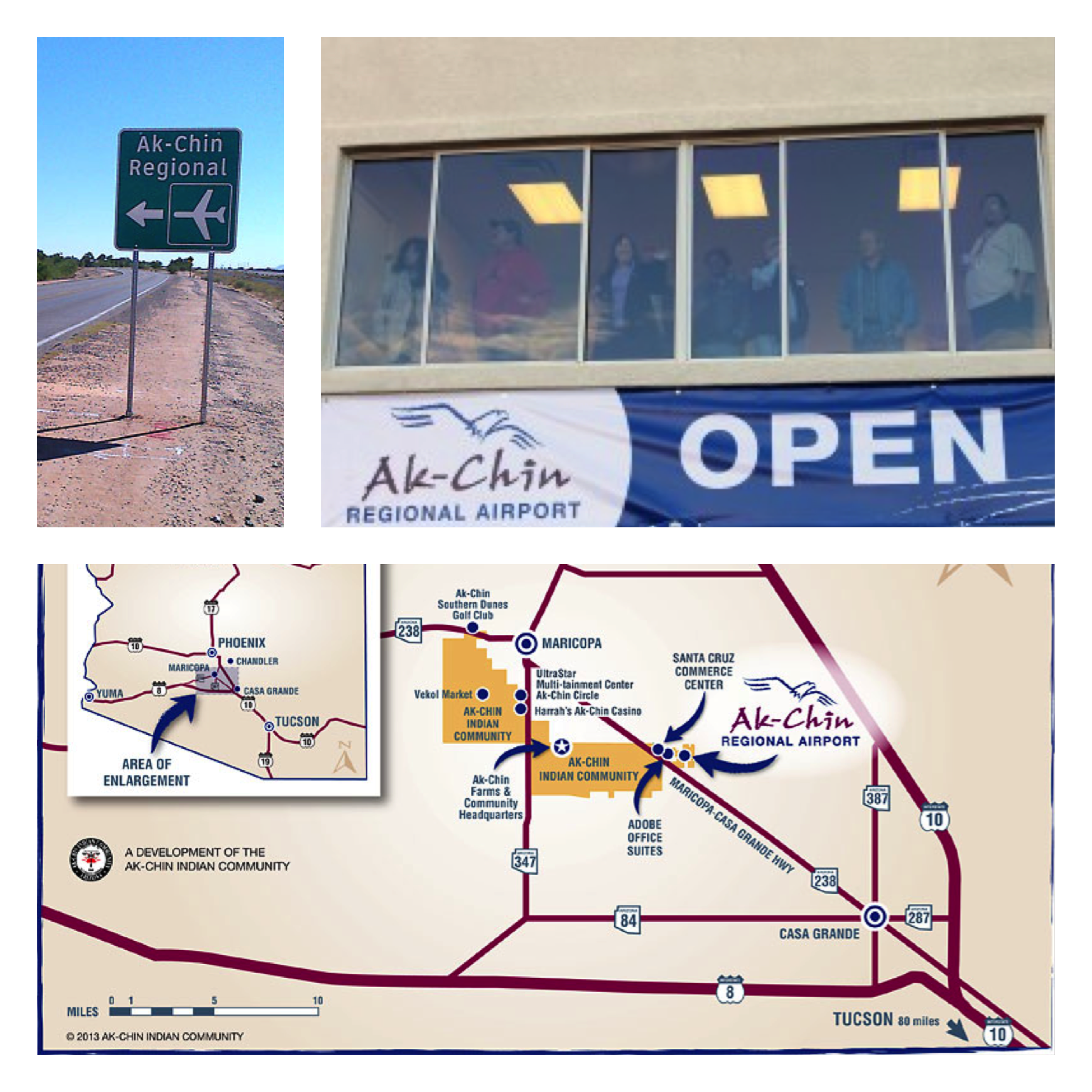 2006 - The previously named Phoenix Regional Airport was purchased and was renamed the Ak-Chin Regional Airport. The Ak-Chin Regional Airport is located near the Santa Cruz Commerce Center and is 170 acres with a 5,000 ft. runway. Renovations are scheduled for the airport building and runway.