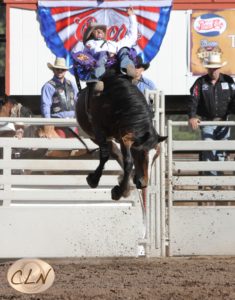 PRCA Bareback Rider, Kid Bañuelos with Los Altos Boots at the 2014 Flagstaff Pro Rodeo on "Shady Nights" of Pickett Rodeo Co.