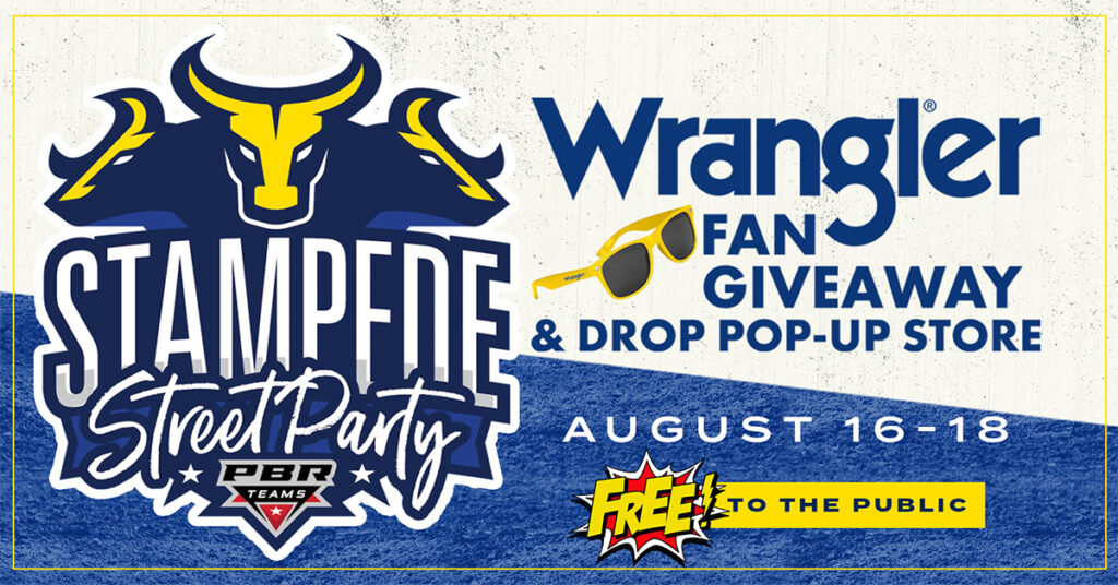 For the Nashville Stampede Street Party, stop by the Wrangler booth to receive free swag, including stylish sunglasses, cool hats, handy koozies, and fun stickers.