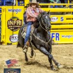 Trula Churchill finishes her Barrel racing pattern with 13.67 seconds during round 9 of the 2014Wrangler Western Official NFR Experience — with Trula Churchill at Thomas & Mack Center.