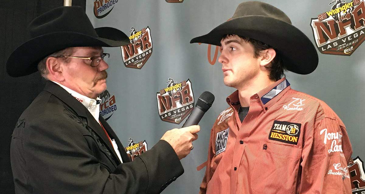 Talk Radio Host Derek Barton interviews rodeo star Cody Teel at the Wrangler NFR 2016 in Las Vegas.
