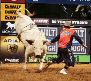 Shorty Gorham steps in after Douglas Duncan bucked off 50-50 Bucking Bulls-Corders Machine Gun Saturday night in Thackerville