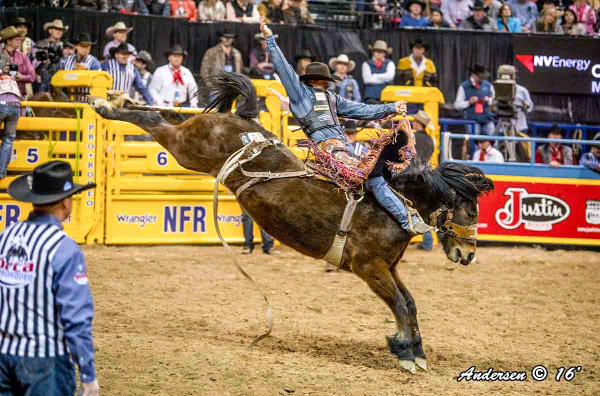 Cody Wright on Lipstick N Whiskey of Powder River Rodeo with a score of 88 during Round 8 of the WNFR16