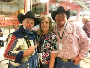 Luke Kraut, rodeo clown, Beth Gray, and Jim Butler