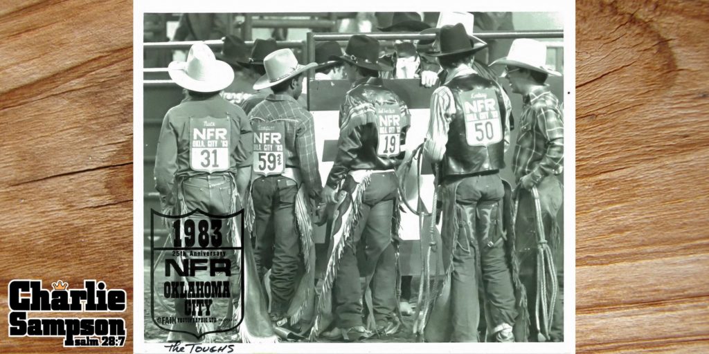 The Original Toughs in NFR Oklahoma City (1985 World Champion Ted Nuce, Charlie Sampson, 2x Runner Up World Champion Bobby DelVecchio, 1983 NFR Champion Ricky Lindsay, 14x NFR Wacey Cathey
