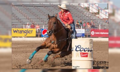Stevi Hillman of Weatherford, Texas, rode her great horse Quatro Fame “Truck” to a first-place tie during slack at the Caldwell Night Rodeo. They stopped the clock in 17.27 seconds and won $2,052. Hillman is working towards her third consecutive championship here. CNR photo by Kirt Steinke.