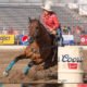 Stevi Hillman of Weatherford, Texas, rode her great horse Quatro Fame “Truck” to a first-place tie during slack at the Caldwell Night Rodeo. They stopped the clock in 17.27 seconds and won $2,052. Hillman is working towards her third consecutive championship here. CNR photo by Kirt Steinke.
