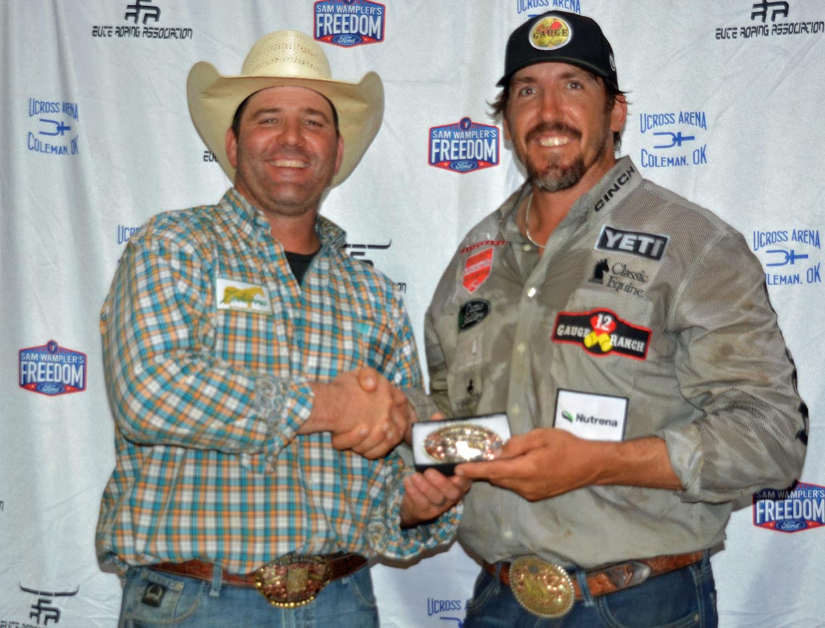 Tyler Pearson was the winner of the steer wrestling at the Nothin’ But Try Jackpot. Sean Mulligan, organizer of the event presented Pearson the championship buckle.