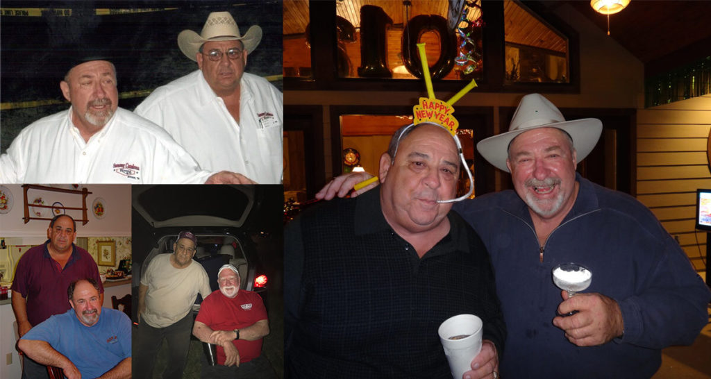 Sammy Catalena and Pete Catalena; Photo on right hand side, Sammy wearing Happy New Year sign and Pete to his right.