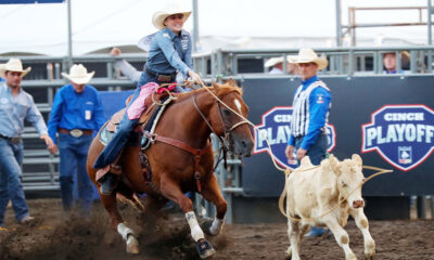 Josi Connor – Josi Connor got some help in her bid for a National Finals Breakaway Roping qualification at the Cinch Playoffs at the Puyallup Rodeo on Friday night. Connor stopped the clock in 2.7 seconds, the fastest time at the rodeo so far. PRCA photo by Kent Soule.