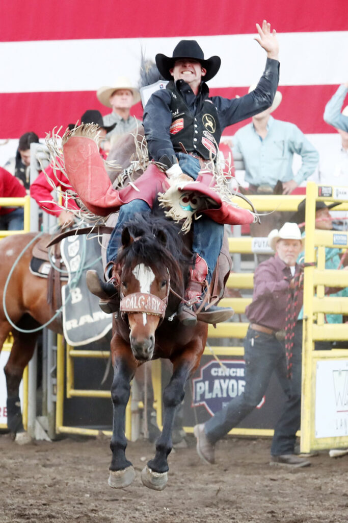 Leighton Berry – Weatherford, Texas, resident, Leighton Berry had the high-marked bareback ride at the first performance of the Cinch Playoffs at the Puyallup Rodeo. Berry’s 88-point ride on Calgary Stampede’s Cinchy Whitney has the potential to secure him a qualification to the Wrangler National Finals Rodeo in December where world champions are decided. PRCA photo by Kent Soule.