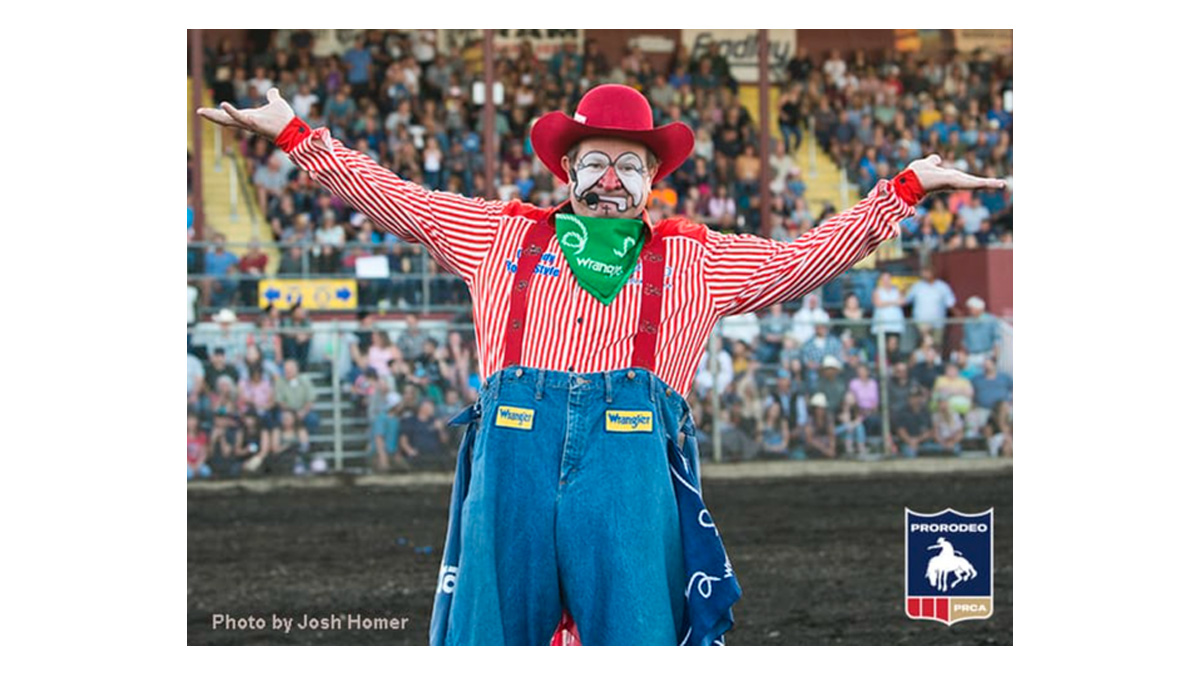 Gizmo McCracken entertaining at a Professional Rodeo Cowboys Association Rodeo. Photo Credit: Josh Homer, PRCA Photographer