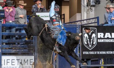 Idaho bull rider Tristan Hutchings got the win for Team Colorado representing the Greeley Stampede at Colorado Versus the World at the National Western Stock Show on opening Saturday. Hutchings scored 87 point on Cervi Brothers Rodeo’s Skin Walker. NWSS photo by Ric Andersen.