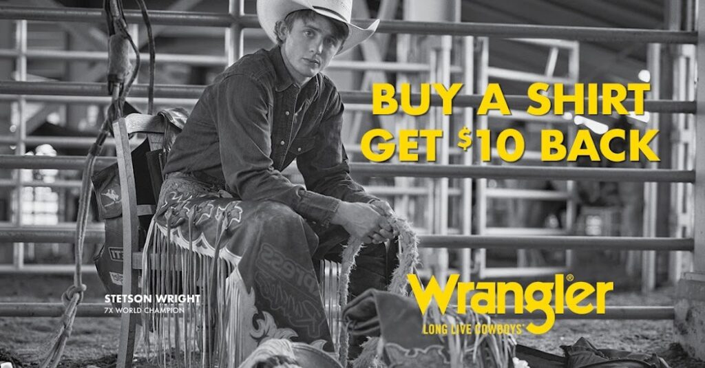 The Wrangler $10 Rebate For Each Shirt promotion is valid for men’s & women’s Wrangler shirts priced at $19.99 or more (after discount; before tax). Promotion excludes T-shirts & youth wear. Rebates postmarked by January 31, 2024.