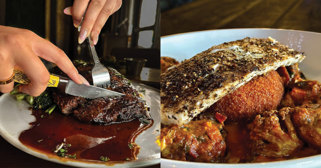 Beautiful 20oz bone in dry aged ribeye and Au Poivre grilled mahi-mahi with a scallion potato cake made to crispy perfection.