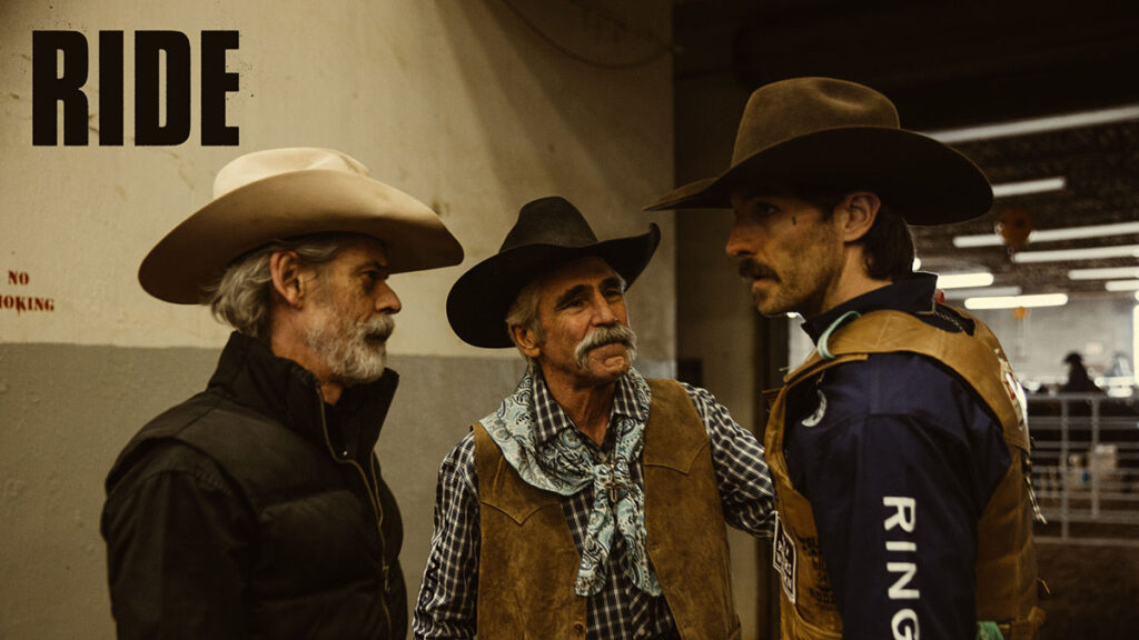 A scene from the 2024 movie RIDE featuring three generations of bull riders in the Hawkins family: C. Thomas Howell (left), Forrie J. Smith (center), and Jake Allyn (right).