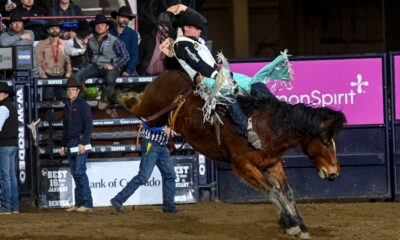 Bradlee Miller – Bradlee Miller of Huntsville, Texas, has had the highest marked bareback ride at the National Western Stock Show Rodeo in Bracket 4. Miller, who qualified for his first Wrangler National Finals Rodeo last December, was 87 points on The Cervi Brothers’ horse named Bandan Babe in the first round. Combined with his second-round score, he is the most successful bareback rider in this bracket. NWSS photo by Ric Andersen.