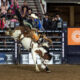 Last year’s National Western Stock Show saddle bronc riding champion Brody Cress is hoping for another title in the Denver Coliseum. Cress from Hillsdale, Wyoming, scored 84 points on The Cervi Brothers’ Fancy Frank at the first performance of the rodeo, Thursday, Jan. 16, 2025. NWSS photo by Ric Andersen.