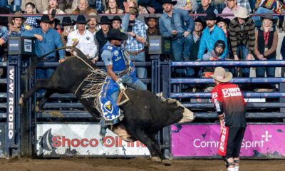 Alan de Souza from Taubate, Sao Paulo, Brazil was able to capitalize on every opportunity at the National Western Stock Show’s Denver Chute-Out bull riding. He was dialed in on the bull Dialed In scoring 84 points in the final round. Combined with his previous two scores, he had the highest total on three bulls at 239.5. He collected $19,980 in the Denver Coliseum. NWSS photo by Ric Andersen.