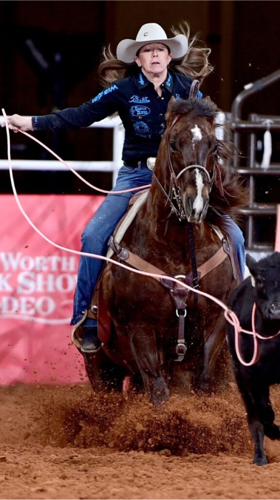 Abilene's Hope Thompson was the high money winner in breakaway roping in Bracket 1 of the Fort Worth Stock Show & Rodeo’s ProRodeo Tournament, finishing second in round one and winning round two with this 2.6-second run. FWSSR photo by James Phifer