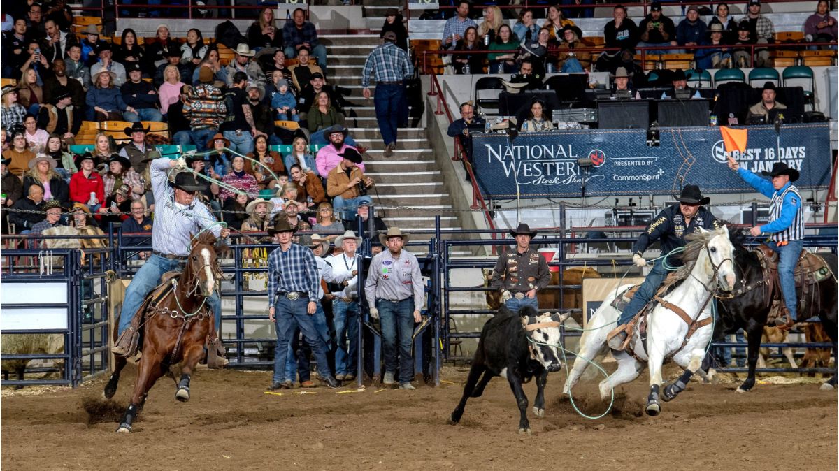 Carson and Kellan Johnson were the most successful team ropers in Bracket 5 at the National Western Stock Show Rodeo on Wednesday. The brothers from Casper, Wyoming had times of 5.1 and 5.0 seconds. Because of their success, they are advancing to the Semi-Finals in the Denver Coliseum on Saturday, Jan. 25. NWSS photo by Ric Andersen