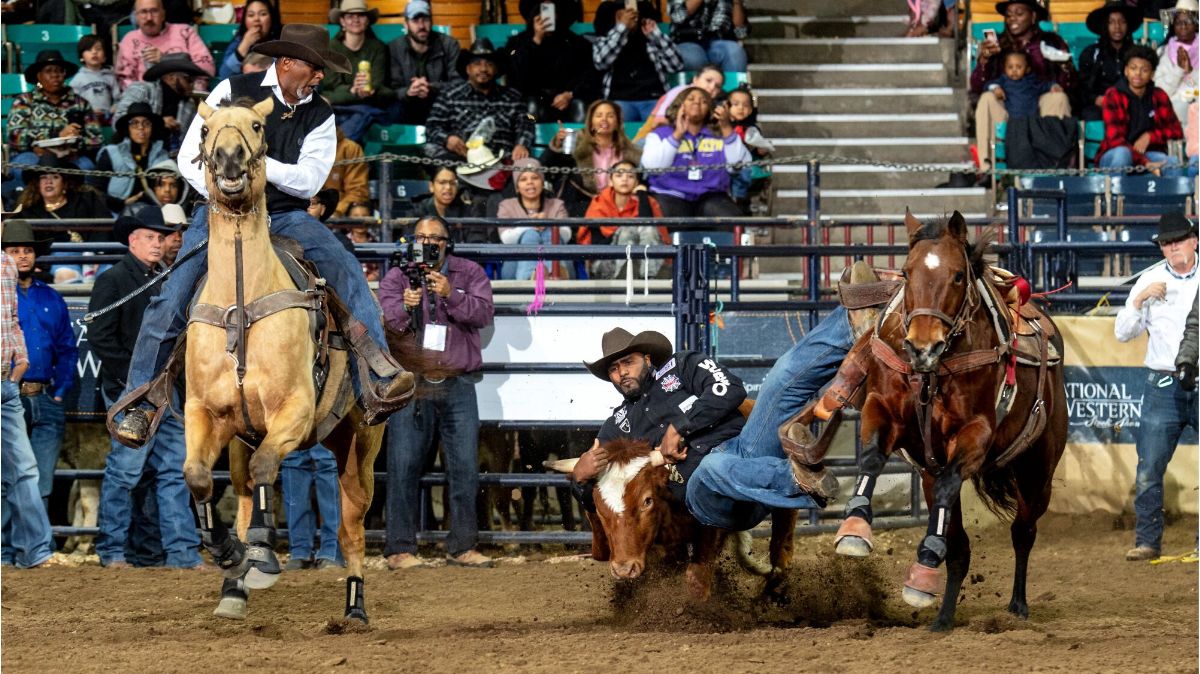 Kevin Carmon made the trip from Beaumont, Texas, to Denver to compete at the MLK Jr., African-American Heritage Rodeo of Champions on Monday at the National Western Stock Show. Carmon won the steer wrestling with a time of 3.66 seconds. NWSS photo by Ric Andersen