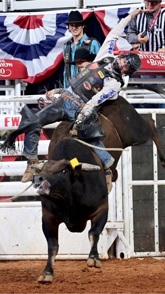 Maverick Potter of Waxahachie, Texas, earned $7,000 in the bull riding during Bracket 1 of the Fort Worth Stock Show & Rodeo’s ProRodeo Tournament. He was the only cowboy to cover both bulls, winning round one with 78 points and finishing second in round two with 83.5 points on Sutton Rodeos’ Heatin’ Up. FWSSR photo by James Phifer