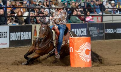 Sharin Hall and her eight-year-old mare Hello Stella had barrel racing fans on the edge of their seats during the fourth performance of the National Western Stock Show Rodeo. Hall, from Pilot Point, Texas, set a new arena record at 14.48 seconds. Hall was successful in both rounds of Bracket 2 and will be back here in one week for the Semi-Finals. NWSS photo by Ric Andersen