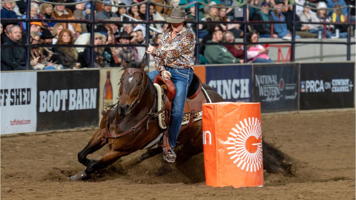 Sharin Hall and her eight-year-old mare Hello Stella had barrel racing fans on the edge of their seats during the fourth performance of the National Western Stock Show Rodeo. Hall, from Pilot Point, Texas, set a new arena record at 14.48 seconds. Hall was successful in both rounds of Bracket 2 and will be back here in one week for the Semi-Finals. NWSS photo by Ric Andersen