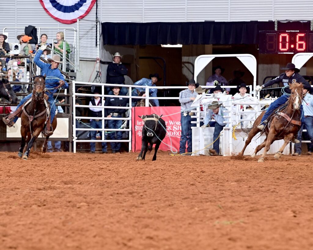 National Finals Rodeo veterans from Arizona – Derrick Begay and Colter Todd – won the opening round of Bracket 2 at the Fort Worth Stock Show & Rodeo when they roped their steer in 4.2 seconds.
Fort Worth’s ProRodeo FWSSR photo by James Phifer
