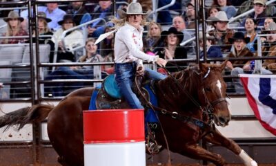 Barrel racer Carlee Otero from Perrin, Texas had the fastest time in round one of Bracket 3 at the Fort Worth Stock Show & Rodeo ProRodeo Tournament on Tuesday night. Riding her great horse Blingolena, “Sly,’ that got her to the Wrangler National Finals Rodeo last December, she stopped the clock in 16.35 seconds. FWSSR photo by James Phifer