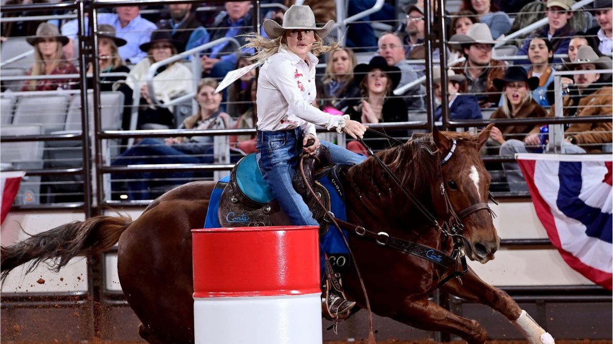 Barrel racer Carlee Otero from Perrin, Texas had the fastest time in round one of Bracket 3 at the Fort Worth Stock Show & Rodeo ProRodeo Tournament on Tuesday night. Riding her great horse Blingolena, “Sly,’ that got her to the Wrangler National Finals Rodeo last December, she stopped the clock in 16.35 seconds. FWSSR photo by James Phifer