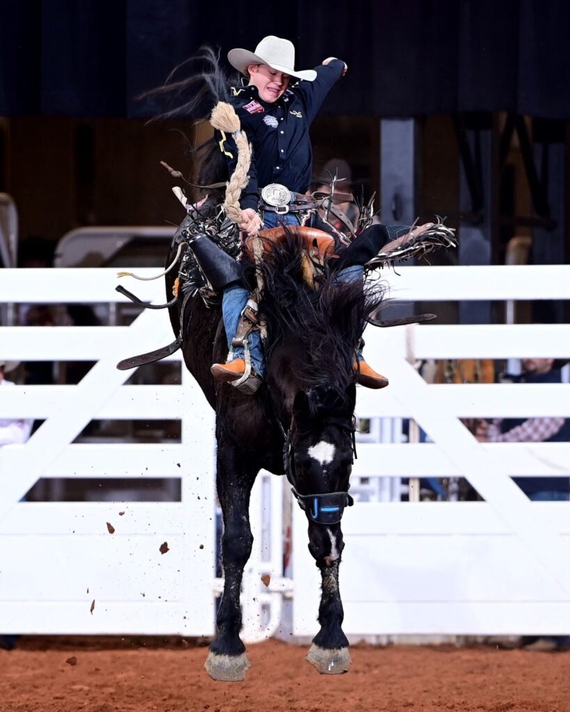 Saddle bronc rider Dawson Hay came one step closer to becoming a three-time champion at the Fort Worth Stock Show & Rodeo’s ProRodeo Tournament Wednesday Night. Hay, from Wildwood, Alberta, Canada, won this rodeo in 2020 and 2023. His score of 89.5 points on J Bar J Rodeo’s Painted J won the Wild Card Round and propelled him to the Semi-Finals. FWSSR photo by James Phifer.