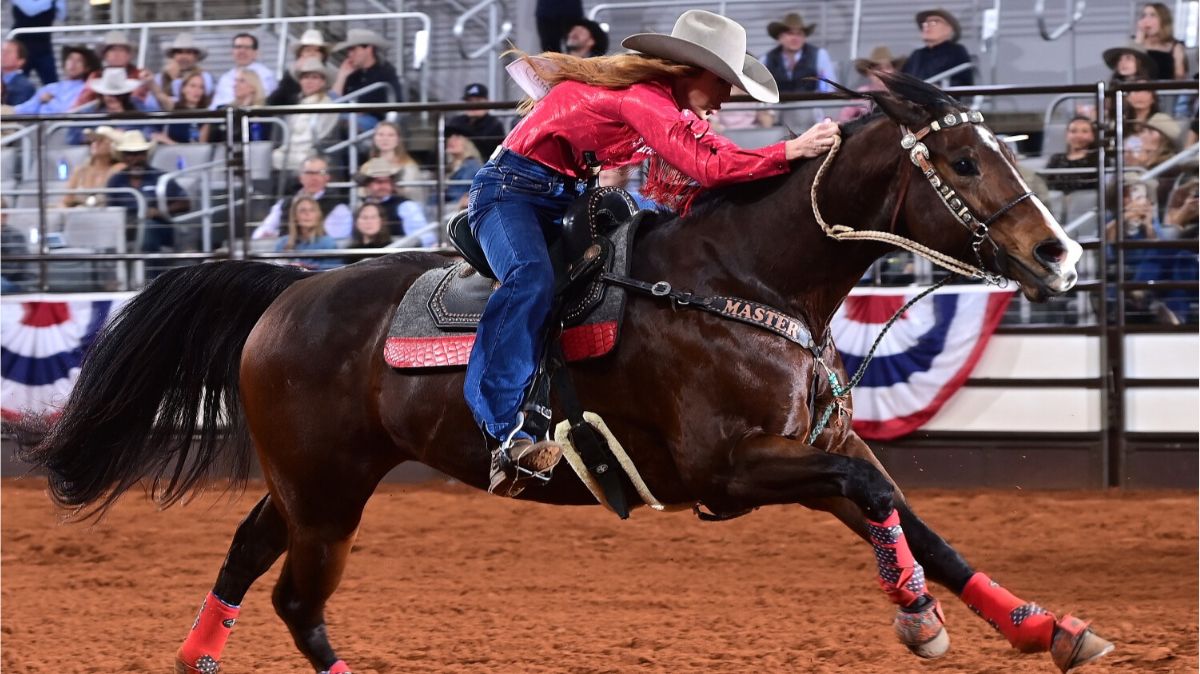 Barrel racer Emily Beisel of Weatherford, Oklahoma, has won every barrel racing dollar available to her thus far at the Fort Worth Stock Show & Rodeo’s ProRodeo Tournament. She and her great mare Ivory On Fire, called Liza, won both rounds in their bracket, then won Semi-finals B. The duo has already won $8,600 in Dickies Arena in 2025, and they will go for another $20,000 paycheck in Saturday night’s Championship Finals. FWSSR photo by James Phifer