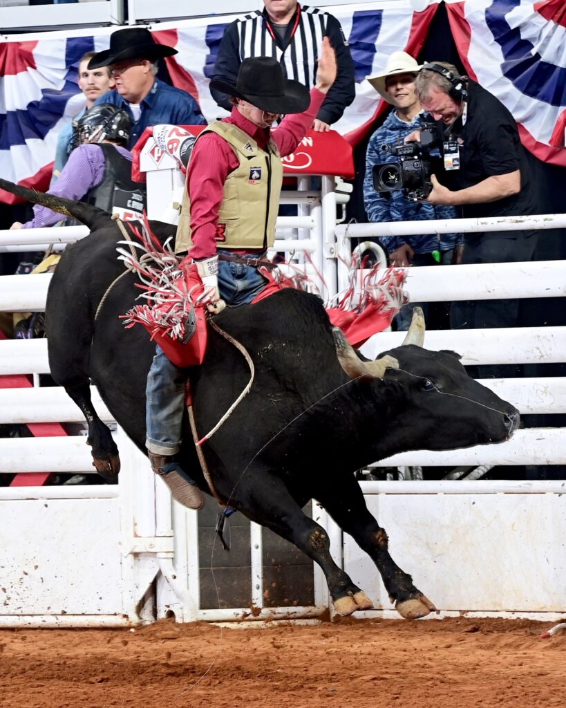 Gavin Mitchell of Graford, Texas, earned $7,000 in the bull riding during Bracket 2 of the Fort Worth Stock Show & Rodeo’s ProRodeo Tournament. He was the only cowboy to ride in round two, scoring 85.5 points on Rafter G Rodeo’s previously unridden bull named Bucking for Cash. FWSSR photo by James Phifer