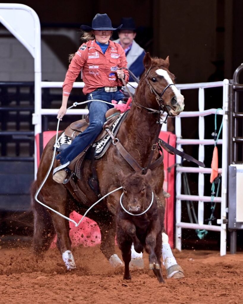 Hali Williams from Comanche, Texas, is hoping to add her name to the champions list at the Fort Worth Stock Show & Rodeo ProRodeo Tournament. Her 2.1 seconds won the breakaway roping in round one of Bracket 7. If she has more success on Tuesday, she will advance to the Semi-Finals. FWSSR photo by James Phifer.