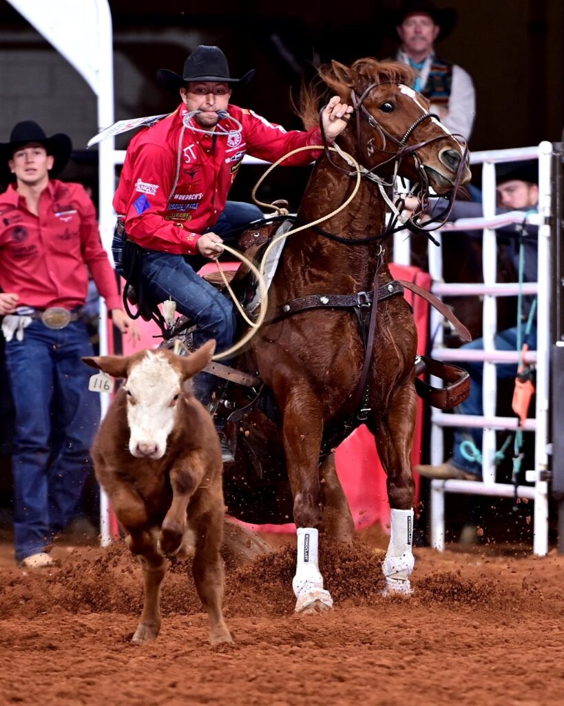 Tie-down roper Haven Meged is hoping to win his first Fort Worth Stock Show ProRodeo Tournament title. Meged, who calls Miles City, Montana, home, topped Bracket 4 in Dickies Arena with times of 8.8 and 8.5 seconds. The $4,410 he won advanced him to the Semi-Finals. FWSSR photo by James Phifer.