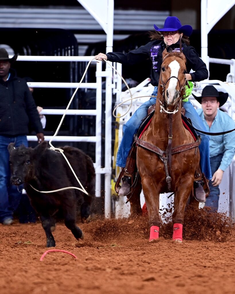 Breakaway roper JJ Hampton drew roars of approval from the crowd as she won round 2 of the Fort Worth Stock Show & Rodeo’s ProRodeo Tournament with a time of 2.2 seconds. FWSSR photo by James Phifer