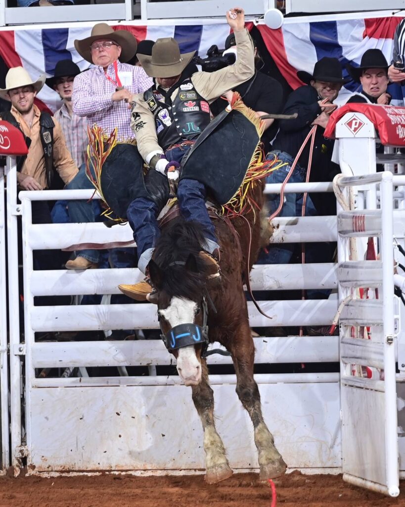 Bareback rider Jacob Lees had a second date with J Bar J’s horse named All Pink at the Fort Worth Stock Show & Rodeo ProRodeo Tournament. Lees, from Caldwell, Idaho, didn’t have any luck the first time he rode All Pink, but in Dickies Arena on Thursday night, the results were much different. He won Semi-Finals A with an 88.5-point ride and will compete for the championship here on Saturday night. FWSSR photo by James Phifer.