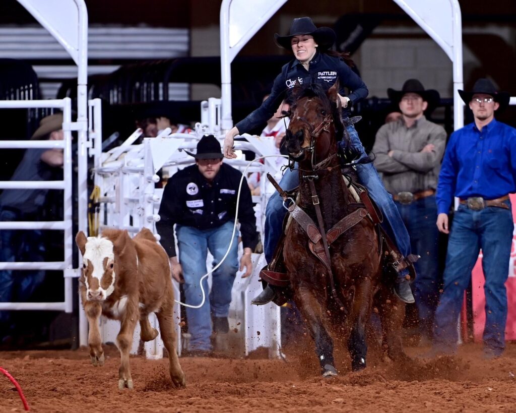 Canadian breakaway roper Jenna Dallyn is hoping to advance to the Semi-Finals at the Fort Worth Stock Show & Rodeo ProRodeo Tournament. Dallyn made the fastest run so far at this year’s rodeo and won the first round of Bracket 6 with a 1.8-second run. FWSSR photo by James Phifer.