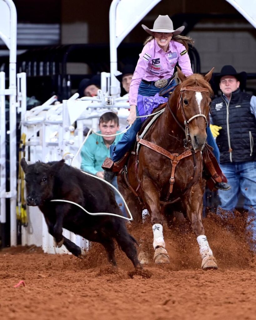 Josie Connor’s time of 2.1 seconds matched the fastest thus far at the Fort Worth Pro Rodeo Tournament to share first place in the opening round of Bracket 2 with Texan Rylee George. FWSSR photo by James Phifer