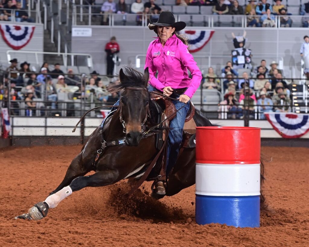 Barrel racer Kassie Mowry ran the second-fastest time of the 2025 edition of the Fort Worth Stock Show & Rodeo ProRodeo Tournament on Tuesday at 16.13 seconds. The Dublin, Texas, cowgirl did that aboard Force The Goodbye known as “Jarvis,” that took her to a world championship in December. FWSSR photo by James Phifer.