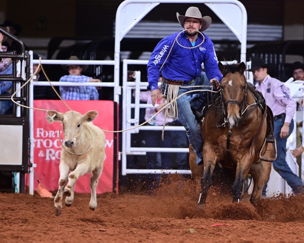 Michael Otero was at the top of the tie-down roping leaderboard at the Fort Worth Stock Show & Rodeo ProRodeo Tournament in Bracket 3. Otero, from Lipan, Texas, stopped the clock in 8.7 seconds to tie for the round 2 win. The Perrin, Texas resident is advancing to the Semi-Finals with total earnings of $3,933. FWSSR photo by James Phifer.