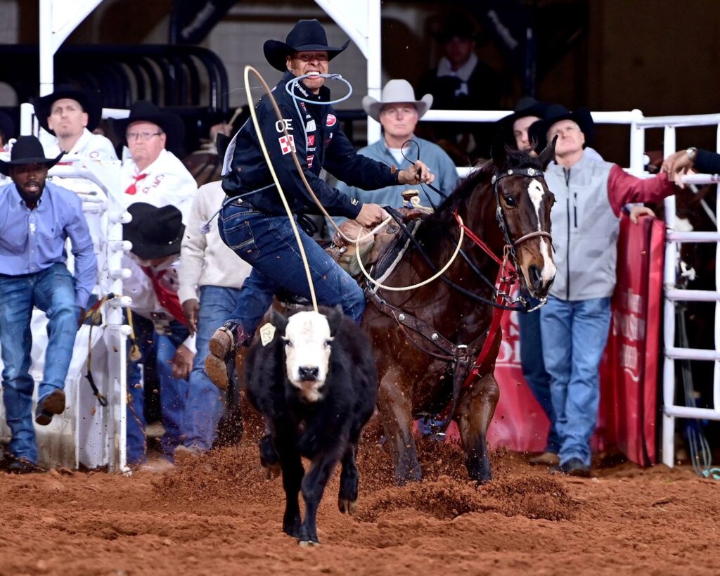 Shad Mayfield is the only contestant to win back-to-back titles at the 2025 Fort Worth Stock Show & Rodeo. The Clovis, New Mexico native won the tie-down roping in 2024 and again in 2025. This year’s title came with a 7.6-second run in Dickies Arena on Saturday night. The reigning all-around world champion added $28,433 to his earnings. FWSSR photo by James Phifer