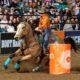 Riding her great mare Bucky Wonder Horse, “Bee,” Shelley Morgan won the barrel racing in Bracket 8 at the National Western Stock Show Rodeo. She and Bee stopped the clock in 14.74 seconds during the matinee performance, then came back Friday night with a 14.70. Her total of 29.44 has her coming back to Saturday’s Semi-Finals hoping for more success and an advancement to Sunday’s Championship Finals. NWSS photo by Ric Andersen.