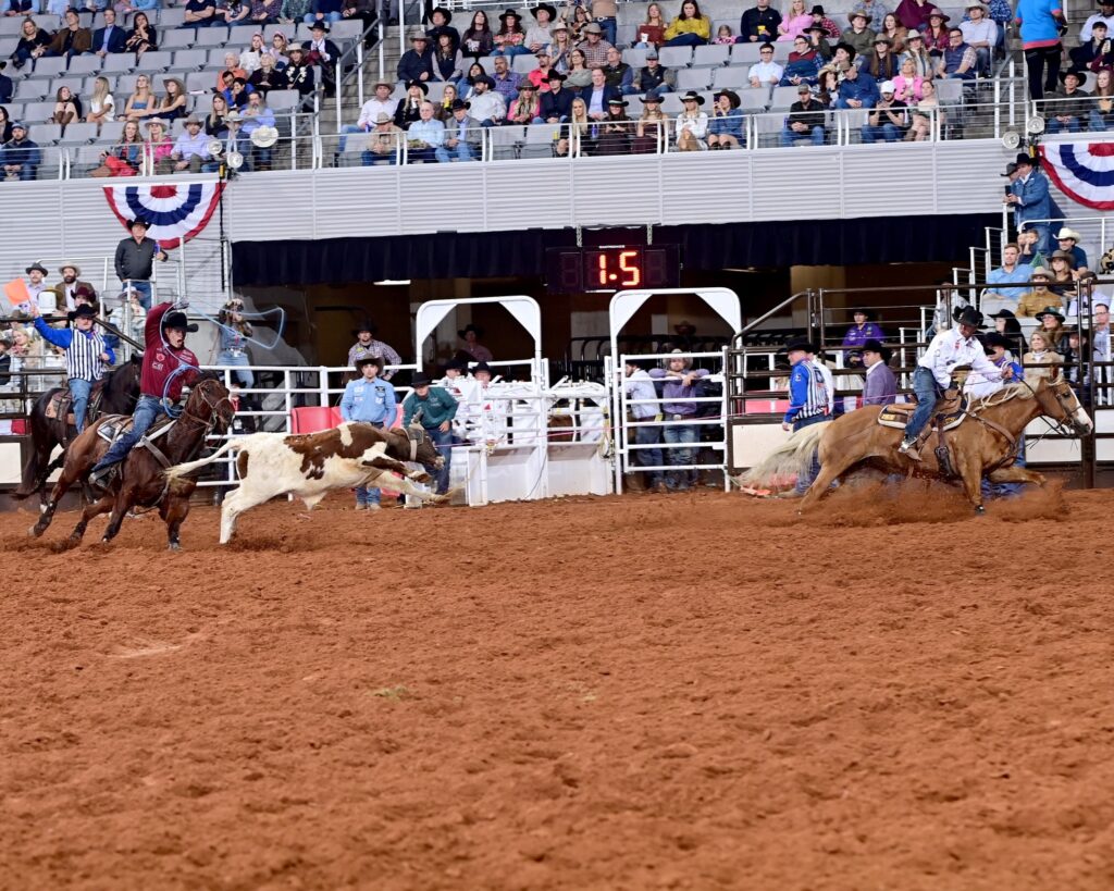 The reigning Fort Worth Stock Show & Rodeo ProRodeo Tournament champion team ropers, Clay Smith and Coleby Payne, will have a chance to repeat Saturday night. Smith, who lives in Broken Bow, Oklahoma, and Payne, from Stephenville, Texas, won Semi-finals B with another 3.8-second run, just two days after clocking the same time to win the Wild Card Round. FWSSR photo by James Phifer.